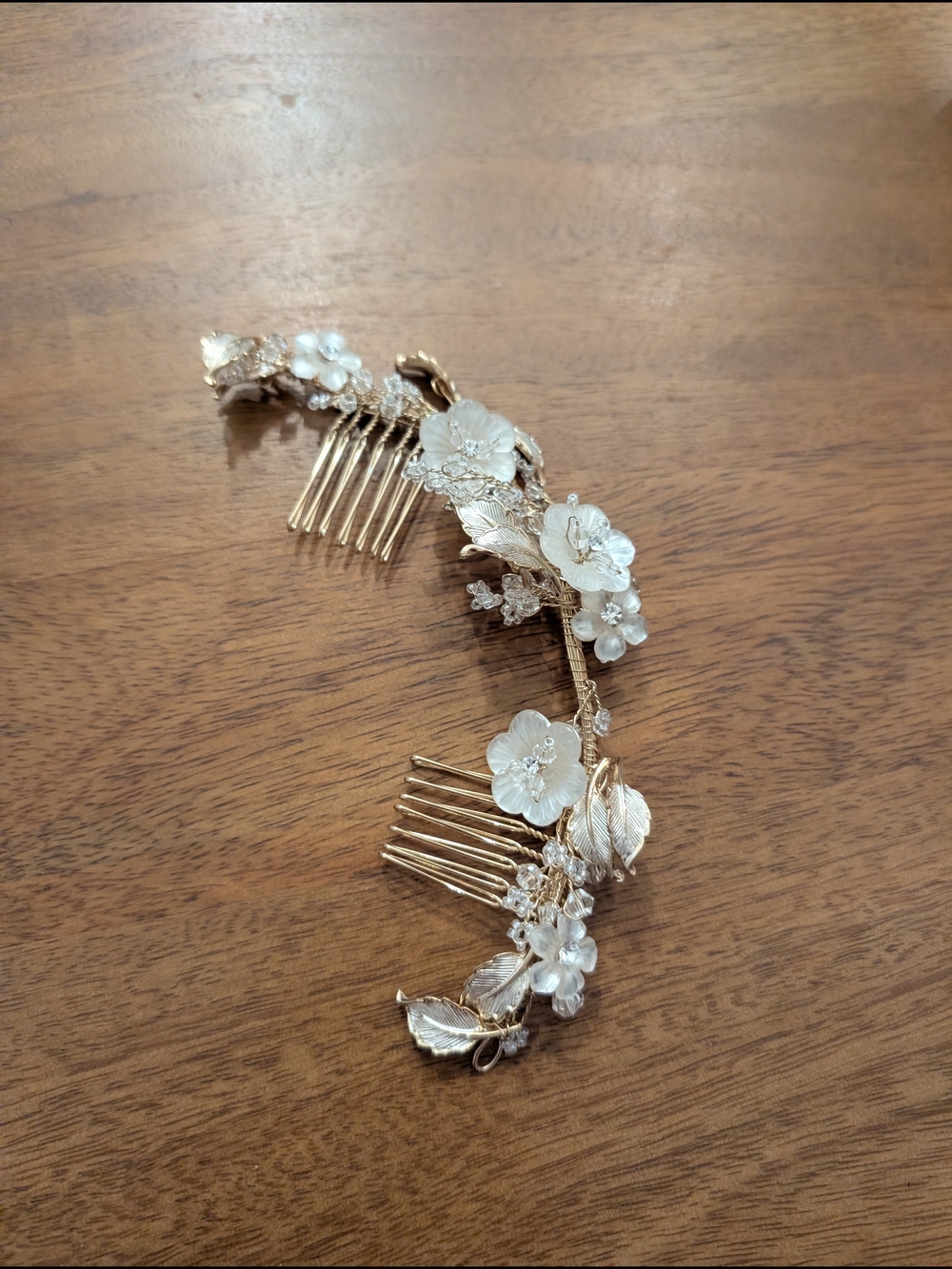 Gold Floral Bridal Hair Comb with White Resin Flowers
